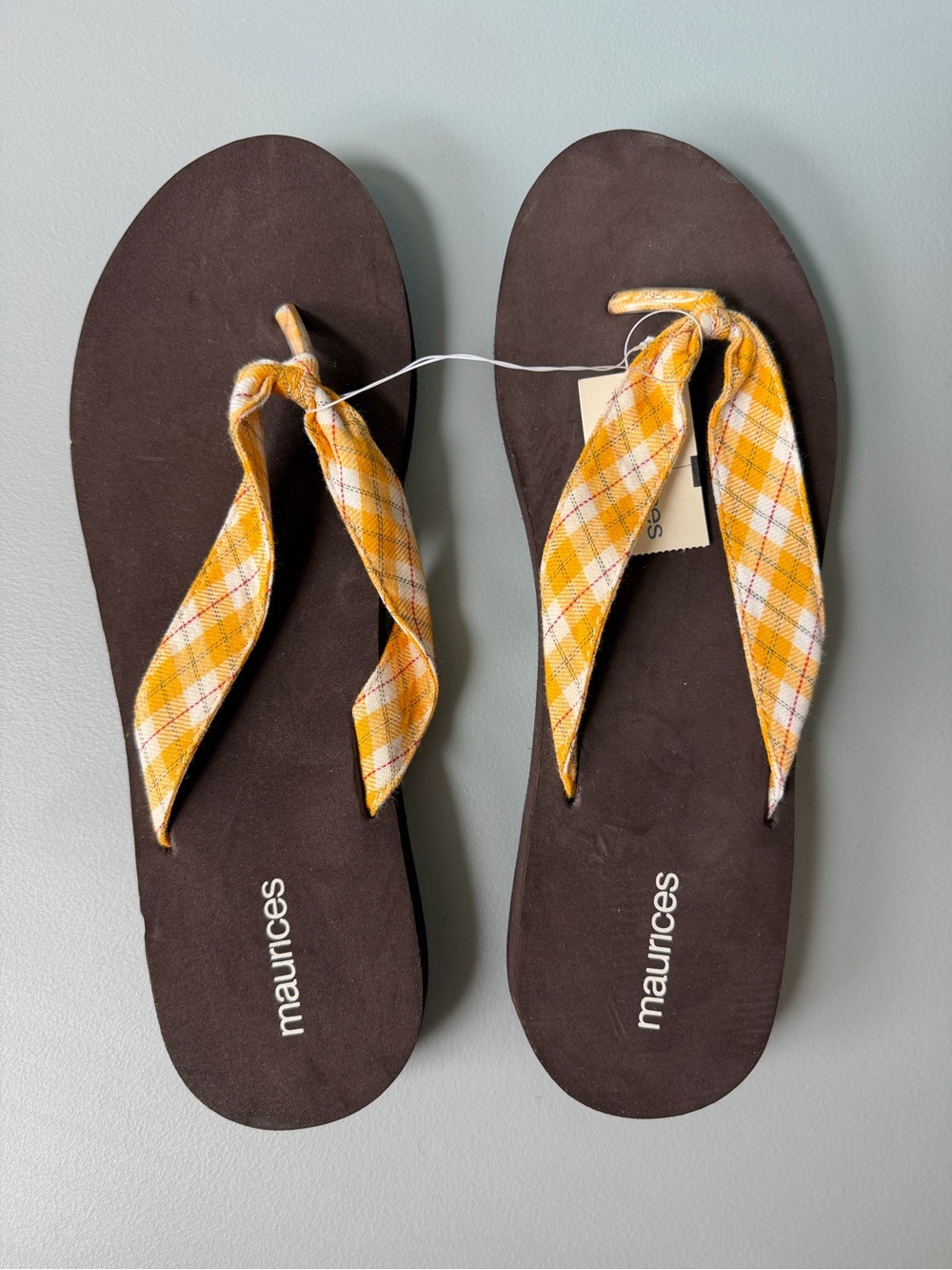 Maurices Brown Flip Flops with Yellow Plaid Straps